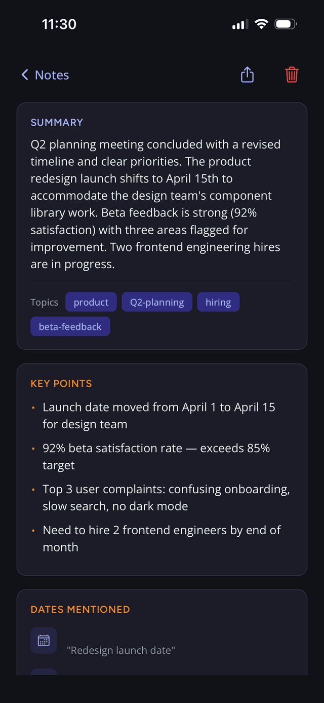AI-generated summaries and insights — SpokenPlan screenshot